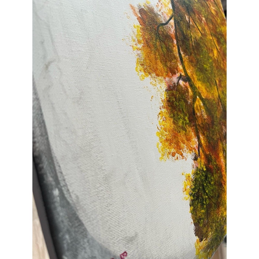 Acrylic Canvas Painting Lonely Autumn Yellow Green White H x 16 ,‎ W x 20 Inches - Picture 7 of 8